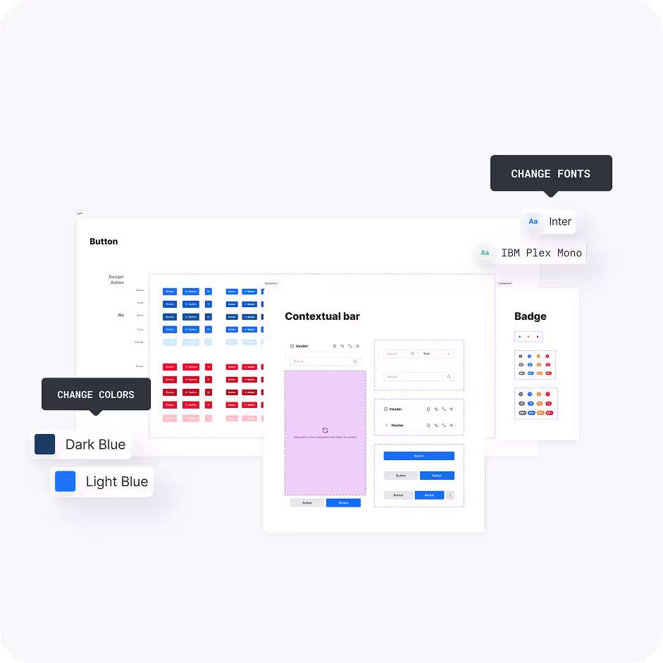 User interface design panels showing button styles, a contextual bar layout, badge examples, and options to change colors (Dark Blue, Light Blue) and fonts (Inter, IBM Plex Mono).